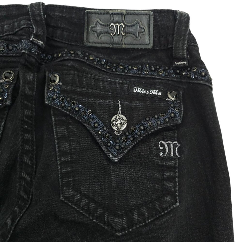 Miss Me Jeans Mid Rise Skinny Black Size 27 Stretch Studs Rhinestones Sequins - Picture 12 of 16